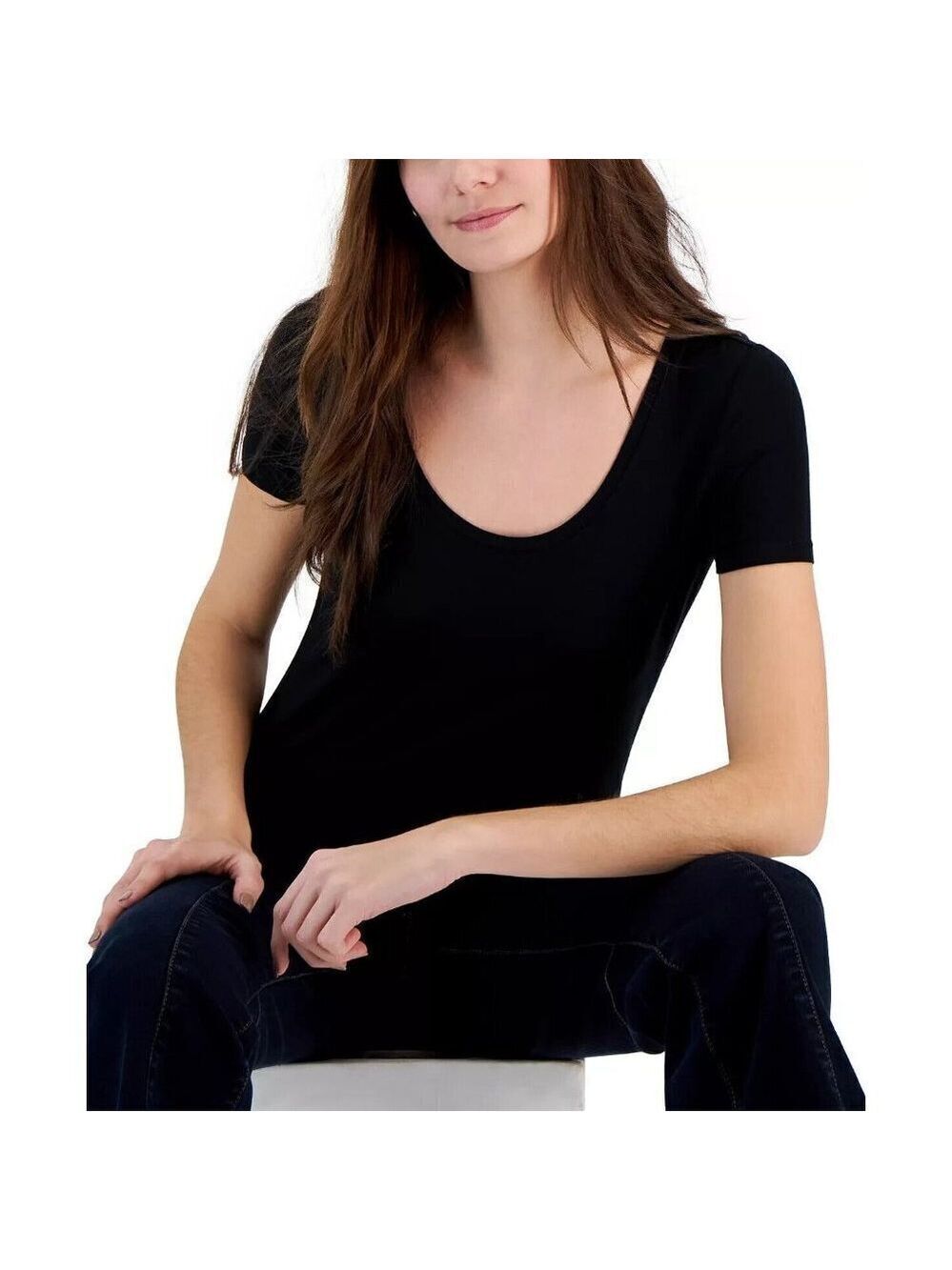 INC INTERNATIONAL CONCEPTS Women's Scoop-Neck T-Shirt in Deep Black Size…